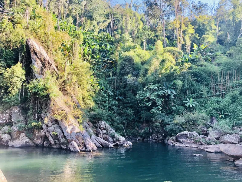 A rocky outcrop covered in lush greenery rises beside a calm river in Muong Nhe, Dien Bien province.