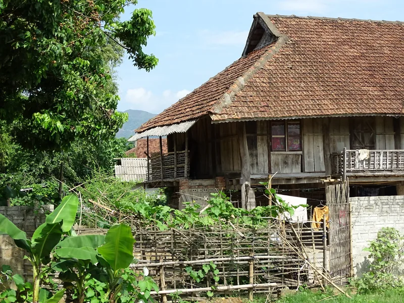 Traditional stilt house with a terracotta tile roof stands amid greenery in Muong Thanh, Dien Bien.